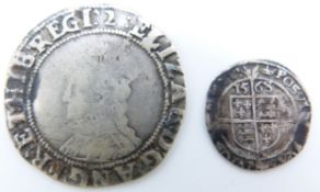 Elizabeth shilling, F together with a threepence dated 1568, VF+, good portrait