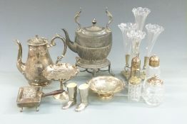 A plated four trumpet epergne with bumblebee maker's mark, further plated ware including pedestal,