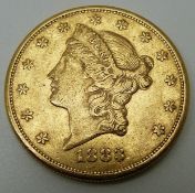 1883 USA Liberty head twenty dollar gold coin, 33.4g