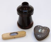 19thC white metal and inlaid tortoiseshell heart shaped trinket box, ivory needle or toothpick
