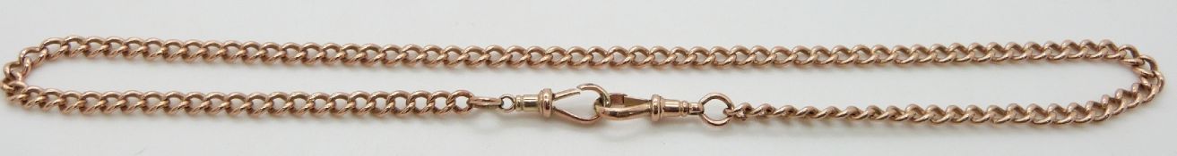 A 9ct rose gold watch chain with two clips, 28.8g