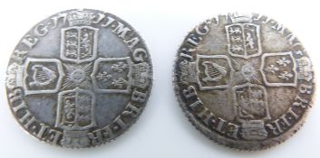 Queen Anne sixpence, plain angles reverse, GF, together with a further example, F