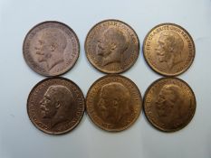 Six George V pennies 1912 (Titanic year) x2 1913 x 2, 1921 and 1927, all uncirculated, with lustre