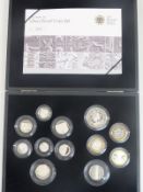 Royal Mint 2009 silver proof coin set comprising 12 coins from five pounds to one penny, with