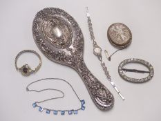 A hallmarked silver hand mirror, Birmingham 1902, Victorian paste buckle, pinchbeck brooch set