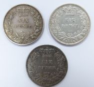 Three young head Victorian sixpences for 1875, one with 1874 obverse type 3-Davies 1085, possible