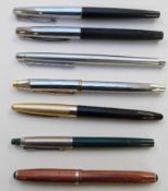 Seven various fountain and ballpoint pens comprising Conway 106, Cross, Shaeffer, Platignum,