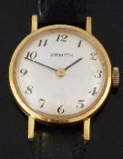 Zenith gold plated ladies wristwatch with black hands and Arabic numerals, silver dial and signed 17