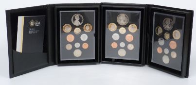 Three Royal Mint 2012 Diamond Jubilee proof coin sets comprising nine coins from five pounds to