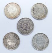 Five young head Victorian sixpences for 1873, die numbers 9, 97, 116, 117 and 121, all NVF