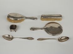 Three-piece hallmarked silver-mounted dressing table set including hand mirror, hallmarked silver