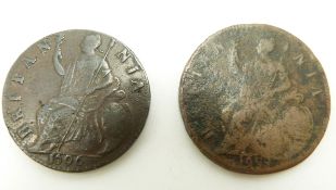 1694 William and Mary halfpenny GF-VF obverse, reverse F, together with a 1696 William III