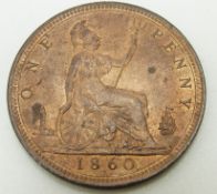 1860 Victorian young head bronze penny, LCW below shield, four windows to lighthouse, thumb touching