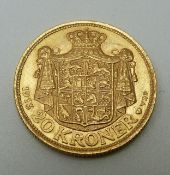 Christian X 1913 Danish gold 20 Kroner coin, 8.98g