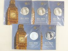 Five Royal Mint 2015 Big Ben £100 fine silver coins, in original packaging