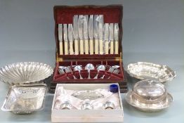 A quantity of silver plate including serving dishes including Elkington canteen of cutlery etc