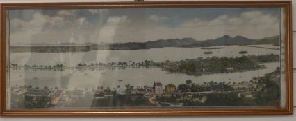 A 19thC Chinese panoramic embroidery of Tze Woo (Western Lake), Heng Chow, China, 27cm x 74cm