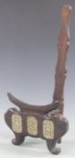 Chinese carved bowl or plate stand inset with three carved jade or similar panels, 47cm tall