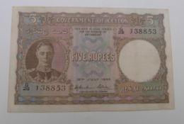 Government of Ceylon 5 Rupees 1944 banknote, clean and crisp