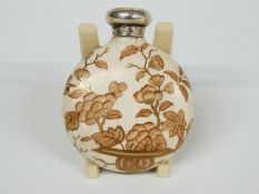 Victorian hallmarked silver topped circular ceramic scent bottle with Chinese style decoration,