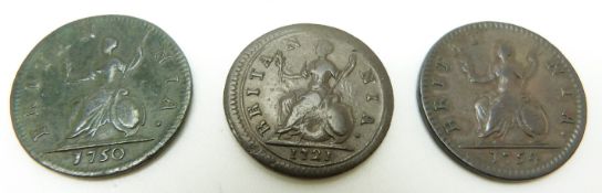 George I 1721 farthing NVF together with two George II examples for 1750 and 1754, NVF