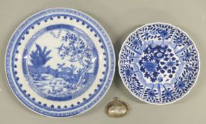 Two Chinese blue and white plates and an Arabic or Chinese quartz seal