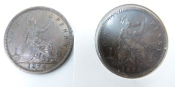 1874 Victorian bronze young head penny, Heaton Mint, OT, TB, GEF-N unc together with a further