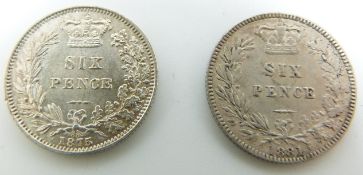 Victorian 1875 young head sixpence, die number highest known - 88, unusual 'S' strike to 'six'