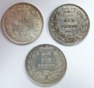 Three Victorian young head sixpences, all NVF, 1871, 1879 and 1880