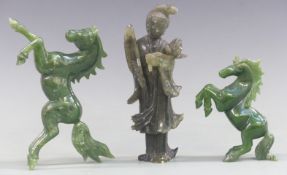 Chinese Serpentine model of Guanyin and two hardstone carvings horses, tallest 15cm
