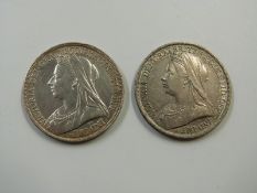 Two veiled head Victorian crowns for 1893, LVI, VF-EF