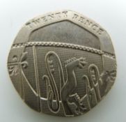 Royal Shield of Arms, undated error obverse 20 pence coin (2008) mule, Spink 4636A EF+