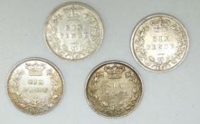 Four Victorian young head sixpences, 1880, 1883, 1886 and 1887, all VF+