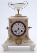 Nineteenth century French mantel / bedroom clock in Alabaster case with swag decoration. The Roman
