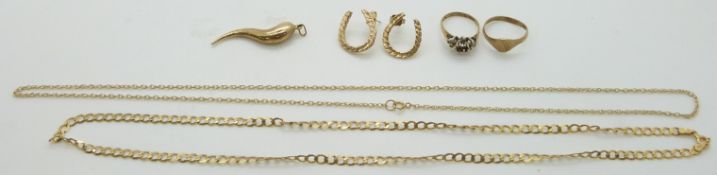 Two 9ct rings, two 9ct gold chains and a 9ct gold chilli pendant, 10.4g