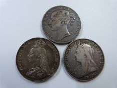 A trio of Victorian crowns to include young head 1845 VIII, 1899 LXIII veiled head and an 1888
