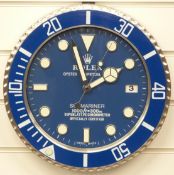 Rolex Oyster Perpetual Submariner dealers shop display advertising wall clock with blue face and
