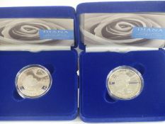 Two Royal Mint 1999 Diana Princess of Wales silver proof memorial five pound coins, both in original