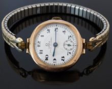 Omega 9ct gold ladies wristwatch with inset subsidiary seconds dial, blued hands, black Arabic