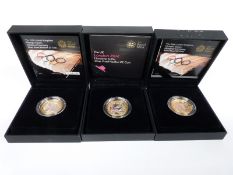 Three silver proof Piedfort £2 coins including 2008 Olympic Games Handover Ceremony x2, 2012
