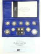 Royal Mint millennium silver proof coin collection comprising 13 coins from five pounds to Maundy