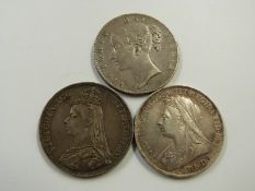 A trio of Victorian crowns to include young head 1844 VIII with star stops, 1900 LXIII veiled head