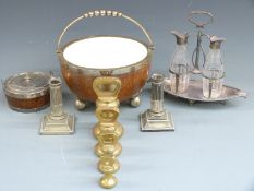 Mappin and Webb condiment set, plated candlestick, two wooden items with plated mounts and four W&