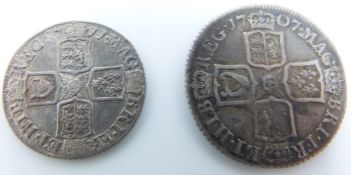 Queen Anne 1707 shilling, plain angles reverse, GF-NVF, together with a 1711 plain angles