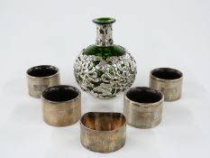 Feature hallmarked silver napkin ring, 26g, set of hallmarked silver mounted napkin rings and a