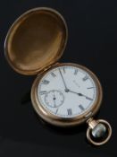 Elgin gold plated keyless winding full hunter pocket watch with Roman numerals, inset subsidiary