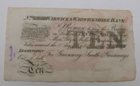 Warwick and Warwickshire provincial ten pound banknote, Leamington 1884, hand signed by cashier