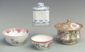 Two Chinese Famille rose bowls, Chinese 18thC tea caddy and a Chinese Cantonese bowl and cover