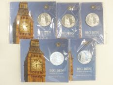 Five Royal Mint 2015 Big Ben £100 fine silver coins, in original packaging