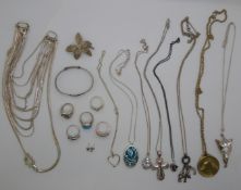 A collection of silver jewellery including rings, pendants, chains, Thomas Sabo charms, necklace
